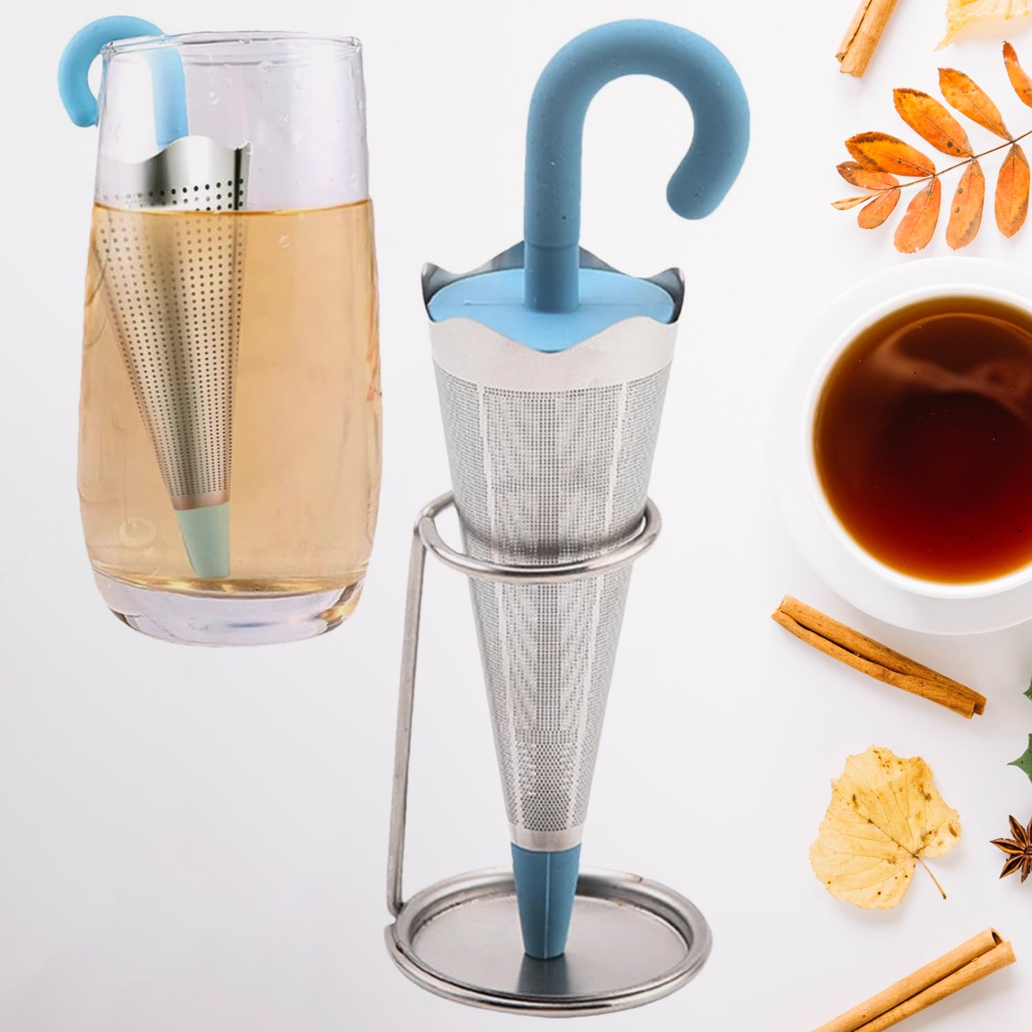 Reusable Cute Umbrella Tea Strainer With Tray  Stand (1 Pc) Reusable Cute Umbrella Tea Strainer With Tray  Stand (1 Pc)